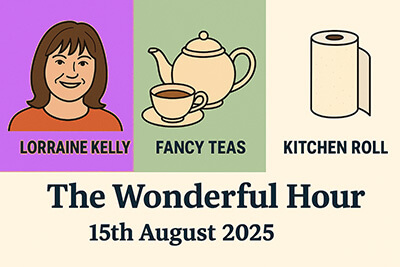 Cartoon montage featuring kitchen roll, ice cream vans, robins, and Lorraine Kelly