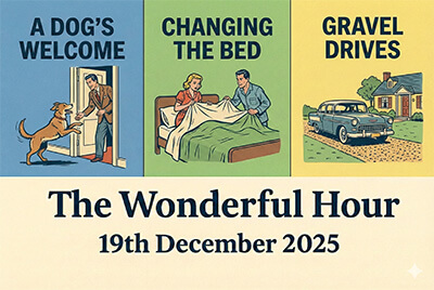 Cartoon montage featuring a dog's welcome, changing the bed, gravel drives, favourite treats, Spag Bowl, and more