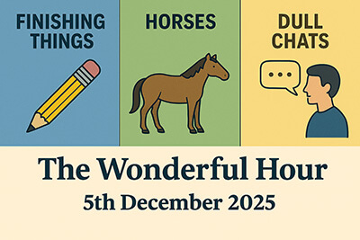 Cartoon montage featuring finishing books, horses, mindless conversations, instant sleep, making meals, dull chats, completing tasks, and more