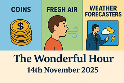 Cartoon montage featuring jingling coins, fresh air, weather forecasters, The Sound of Music, Australian blokes, draining boards, and punctuality