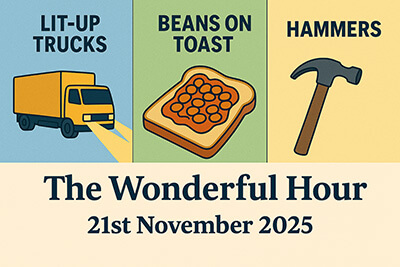 Cartoon montage featuring lit-up trucks, beans on toast, hammers, sunsets, bicycles, trains, routines, strangers, and coffee cards