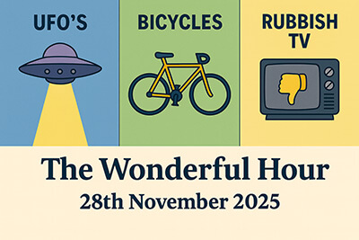 Cartoon montage featuring UFOs, bicycles, rubbish TV, pub walks, home arrivals, reality shows, UFO films, and more