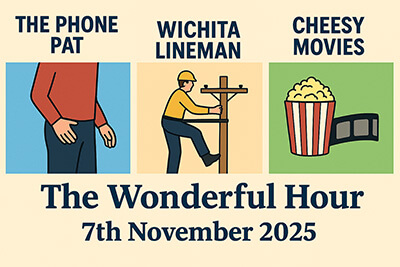 Cartoon montage featuring phone pats, Wichita Lineman, cheesy movies, steamed mirrors, air con, Sunday dinners, westerns, parties, winter duvets, and sleeping positions