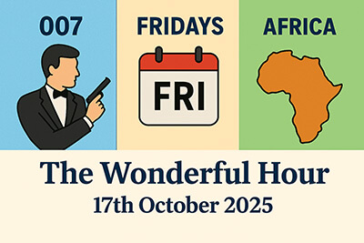 Cartoon montage featuring James Bond, African landscapes, fish and chips, and elderly friends