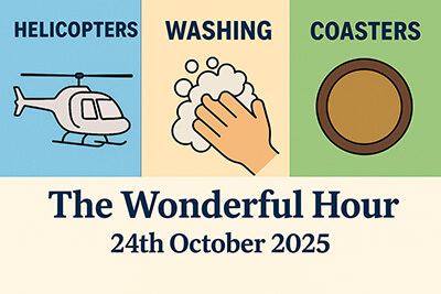 Cartoon montage featuring helicopters, washing lines, vets, coasters, shoe boxes, and a cheeky dad fart