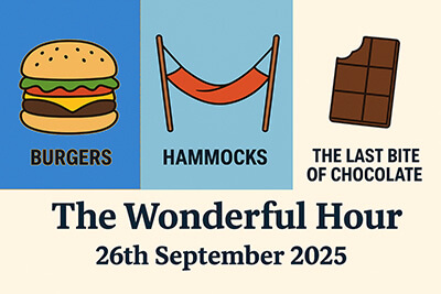 Cartoon montage featuring burgers, hammocks, chocolate, owls, and sunflowers